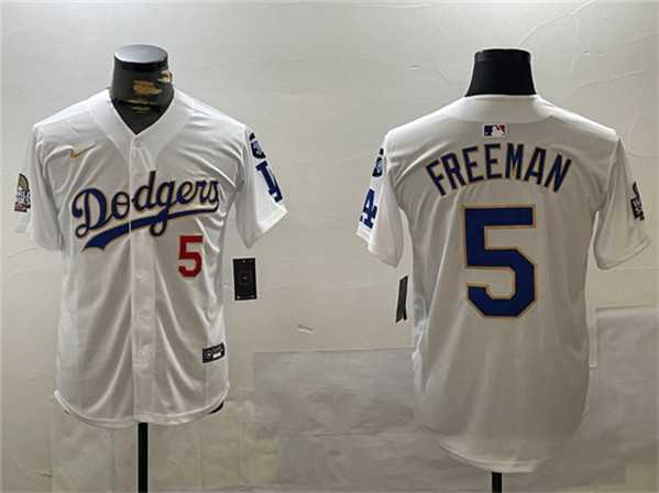 Men%27s Los Angeles Dodgers #5 Freddie Freeman White Gold 2024 World Series With Fernando Memorial Patch Home Limited Stitched Jersey